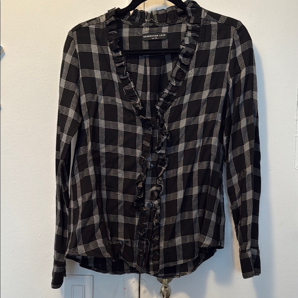 Black and White Plaid Ruffle Blouse